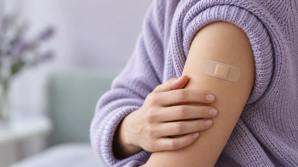 Hand auf einem Oberarm mit Pflaster, lavendelfarbener Pullover