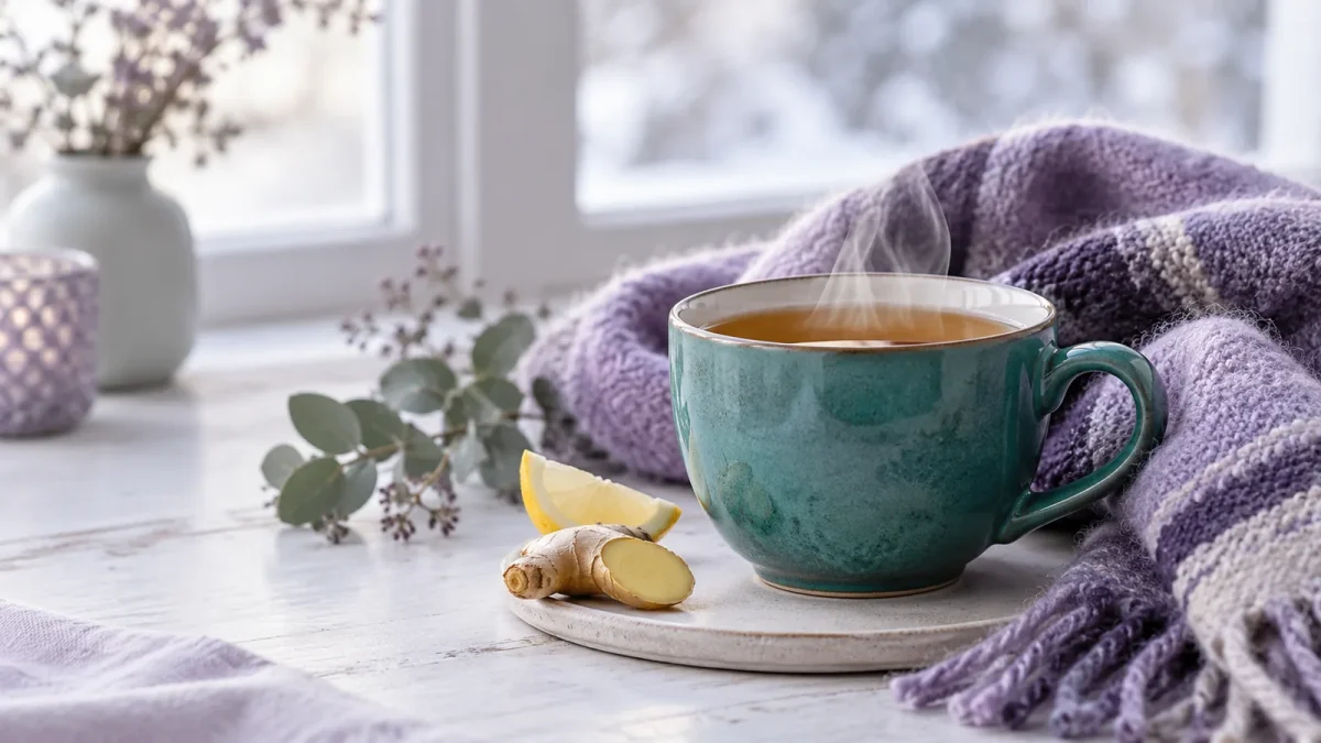 Tasse Tee mit Zitrone und Ingwer neben einem Wollschal am Fenster